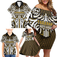 Custom Aotearoa Taranaki Family Matching Off Shoulder Short Dress and Hawaiian Shirt Maori Tribal Pattern Mix Poutama