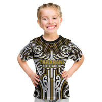 Custom Aotearoa Taranaki Kid T Shirt Maori Tribal Pattern Mix Poutama LT05 Yellow - Polynesian Pride