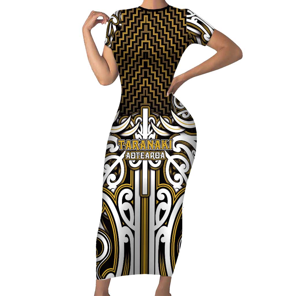 Custom Aotearoa Taranaki Short Sleeve Bodycon Dress Maori Tribal Pattern Mix Poutama LT05 Long Dress Yellow - Polynesian Pride
