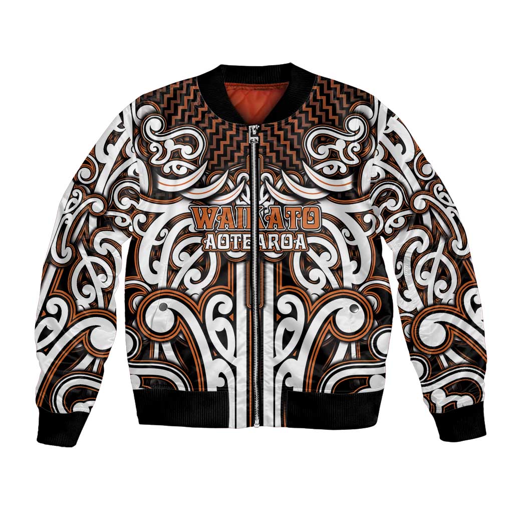 Custom Aotearoa Waikato Bomber Jacket Maori Tribal Pattern Mix Poutama LT05 Unisex Orange - Polynesian Pride