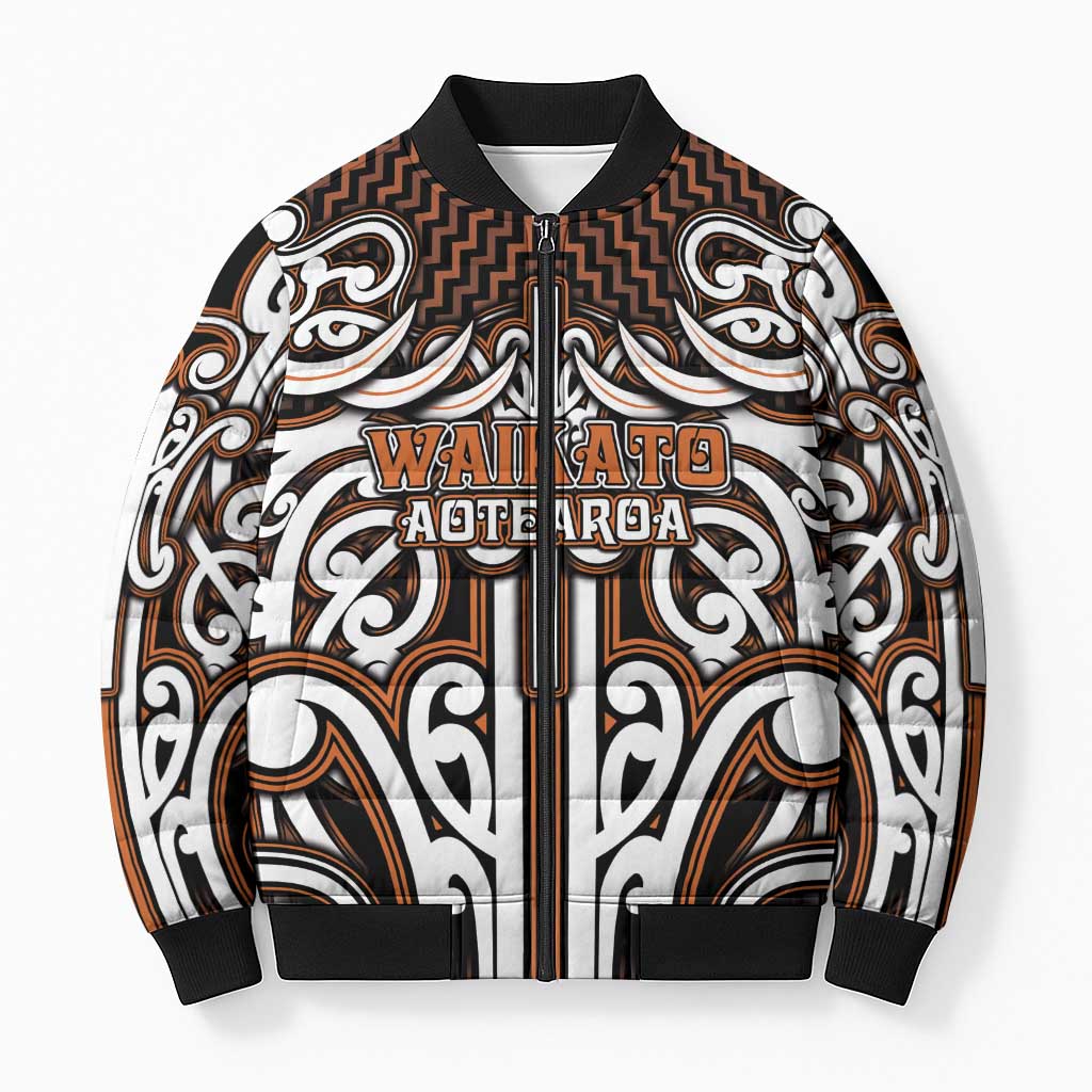 Custom Aotearoa Waikato Bomber Puffer Jacket Maori Tribal Pattern Mix Poutama LT05 Unisex Orange - Polynesian Pride