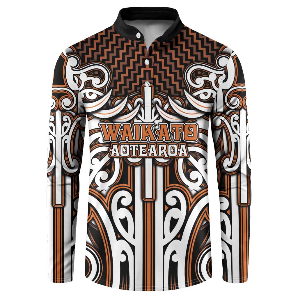 Custom Aotearoa Waikato Button Sweatshirt Maori Tribal Pattern Mix Poutama LT05 Orange - Polynesian Pride