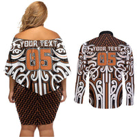 Custom Aotearoa Waikato Couples Matching Off Shoulder Short Dress and Long Sleeve Button Shirt Maori Tribal Pattern Mix Poutama LT05 - Polynesian Pride