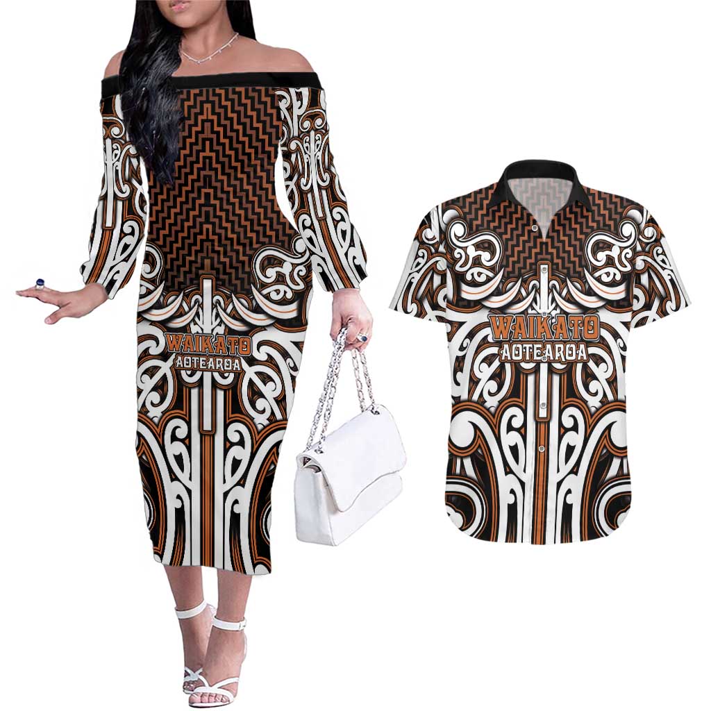 Custom Aotearoa Waikato Couples Matching Off The Shoulder Long Sleeve Dress and Hawaiian Shirt Maori Tribal Pattern Mix Poutama