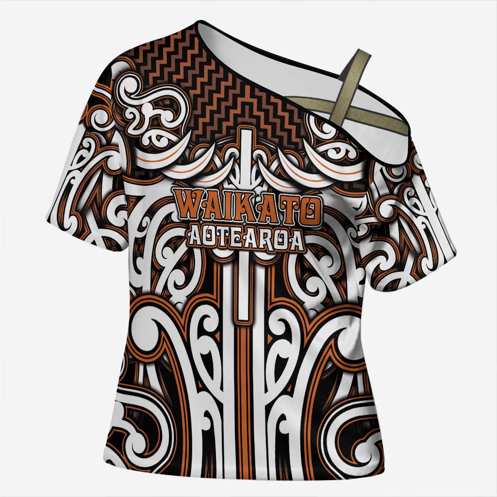 Custom Aotearoa Waikato Cross Shoulder Shirt Maori Tribal Pattern Mix Poutama LT05 Female Orange - Polynesian Pride