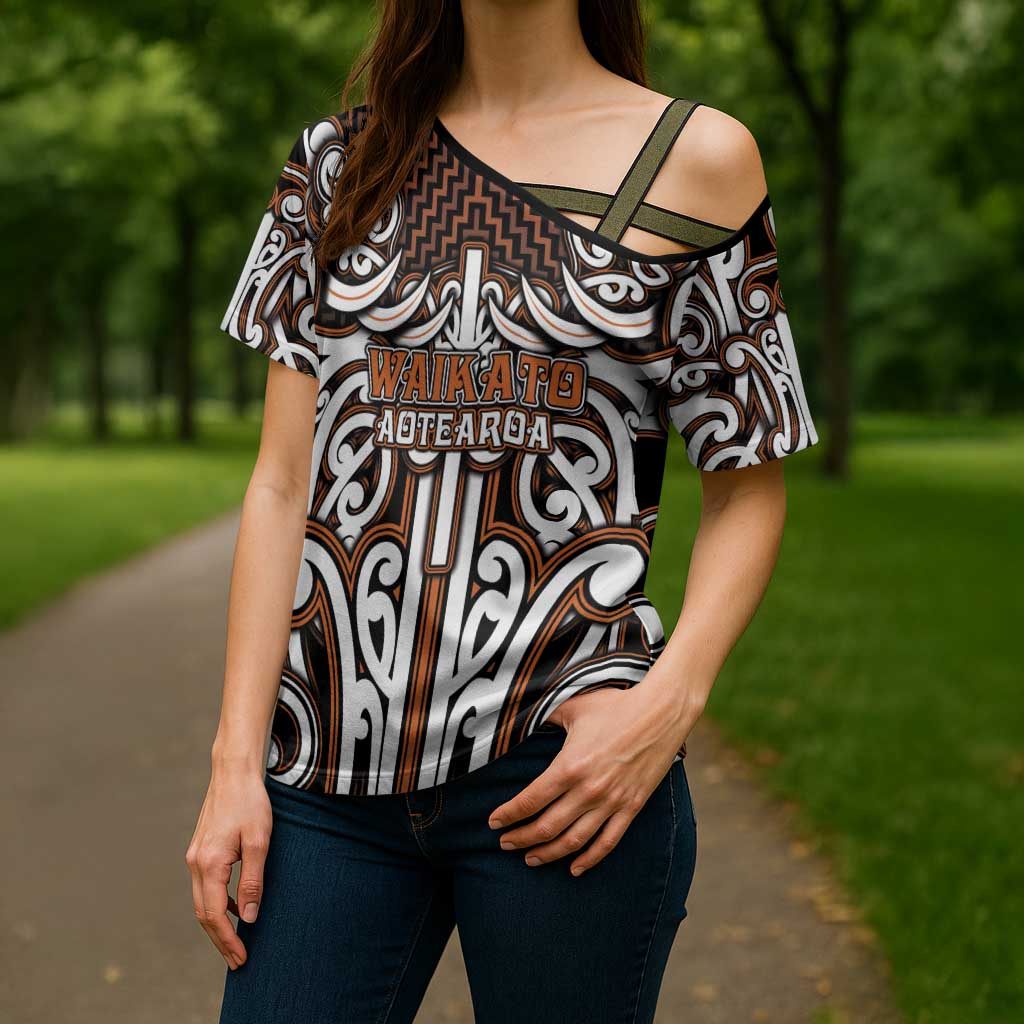 Custom Aotearoa Waikato Cross Shoulder Shirt Maori Tribal Pattern Mix Poutama LT05 - Polynesian Pride