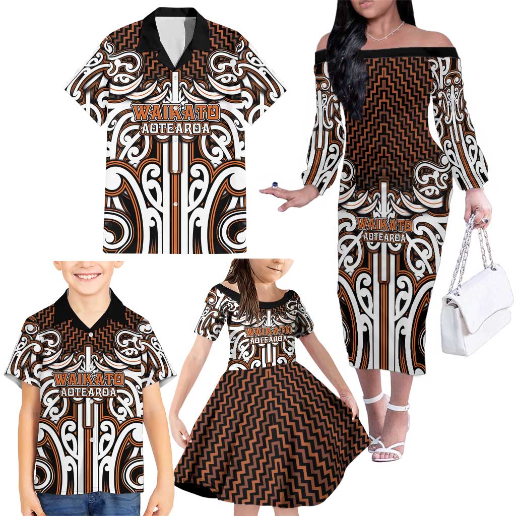 Custom Aotearoa Waikato Family Matching Off The Shoulder Long Sleeve Dress and Hawaiian Shirt Maori Tribal Pattern Mix Poutama