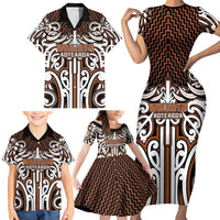 Custom Aotearoa Waikato Family Matching Short Sleeve Bodycon Dress and Hawaiian Shirt Maori Tribal Pattern Mix Poutama