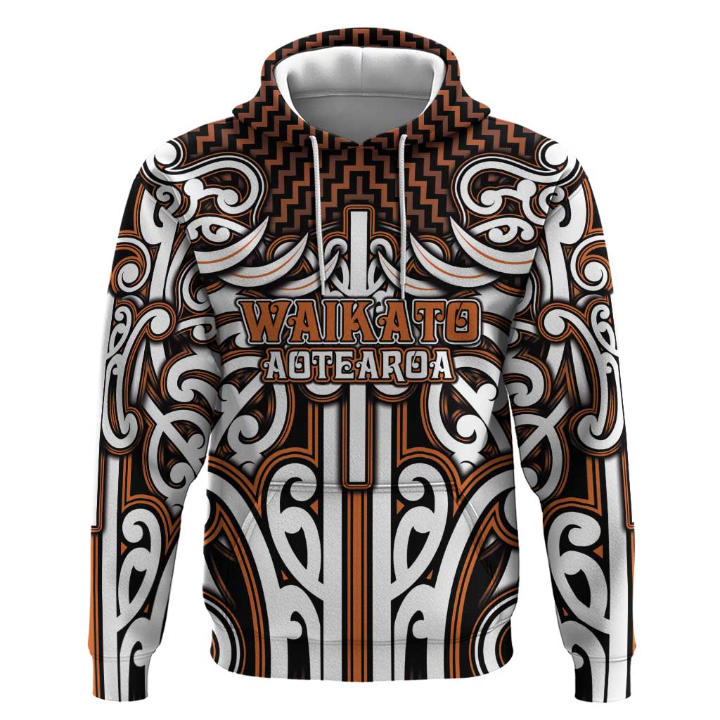 Custom Aotearoa Waikato Hoodie Maori Tribal Pattern Mix Poutama LT05 Pullover Hoodie Orange - Polynesian Pride