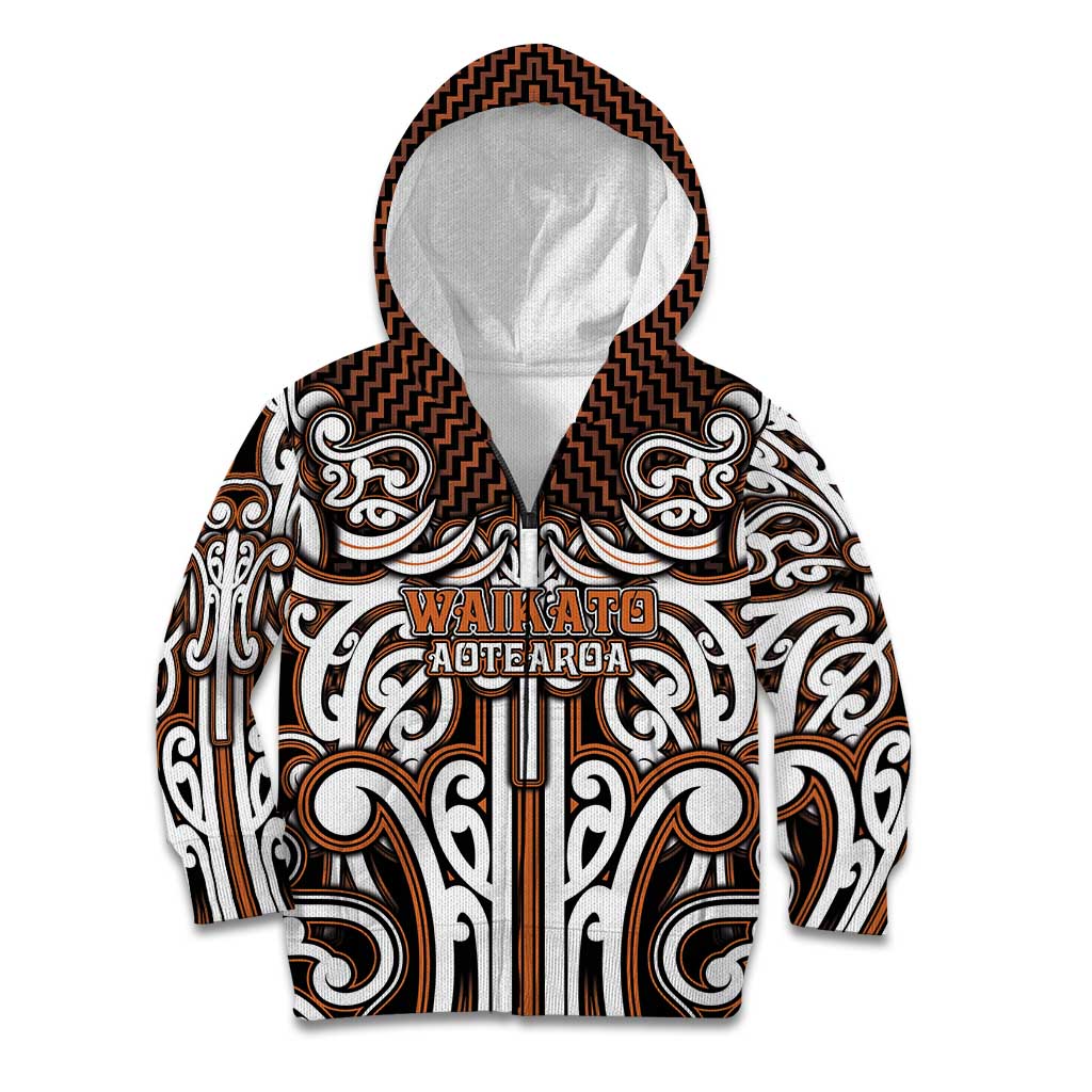 Custom Aotearoa Waikato Kid Hoodie Maori Tribal Pattern Mix Poutama LT05 Zip Hoodie Orange - Polynesian Pride