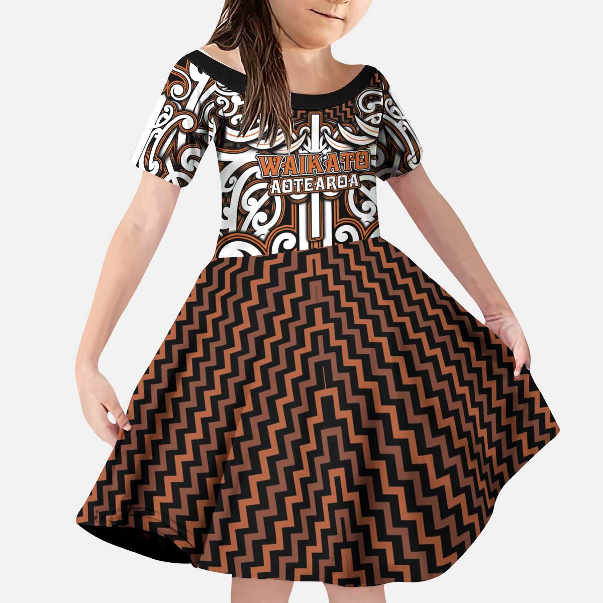 Custom Aotearoa Waikato Kid Short Sleeve Dress Maori Tribal Pattern Mix Poutama LT05 KID Orange - Polynesian Pride