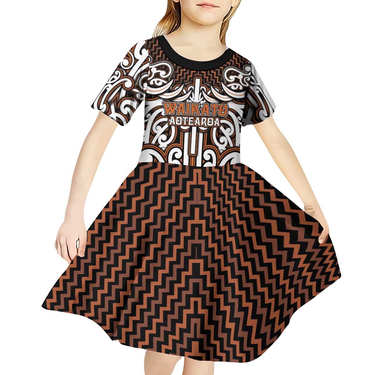Custom Aotearoa Waikato Kid Short Sleeve Dress Maori Tribal Pattern Mix Poutama LT05 - Polynesian Pride