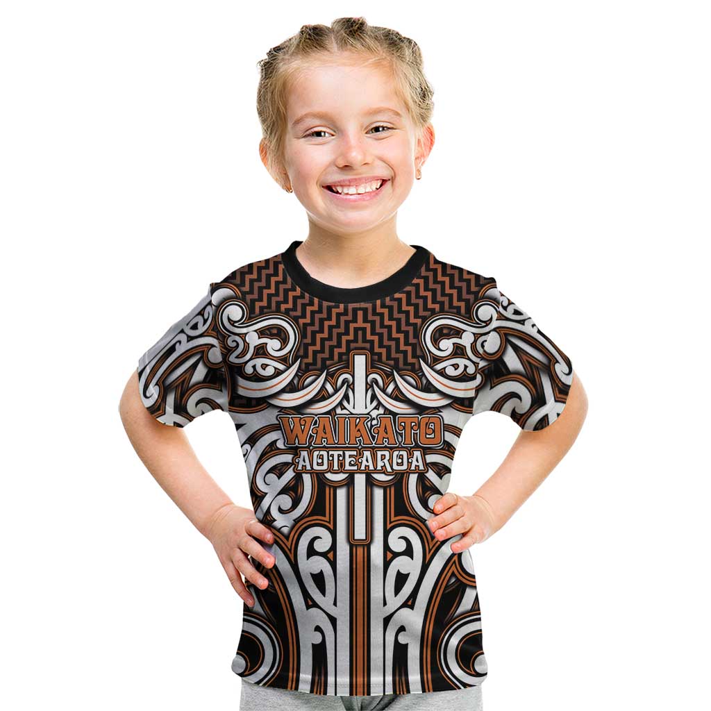 Custom Aotearoa Waikato Kid T Shirt Maori Tribal Pattern Mix Poutama LT05 Orange - Polynesian Pride