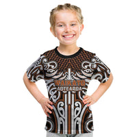 Custom Aotearoa Waikato Kid T Shirt Maori Tribal Pattern Mix Poutama LT05 Orange - Polynesian Pride
