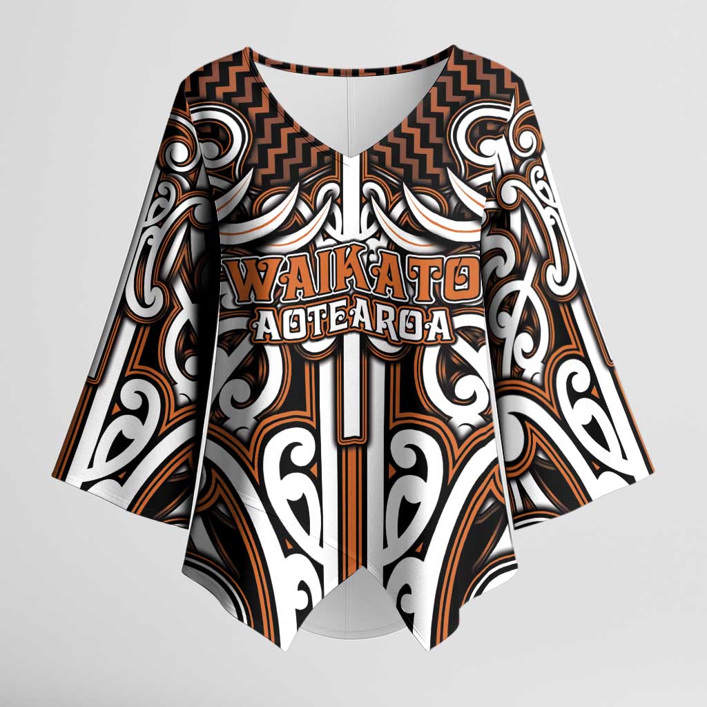 Custom Aotearoa Waikato Kimono Sleeve Blouse Maori Tribal Pattern Mix Poutama LT05 Female Orange - Polynesian Pride