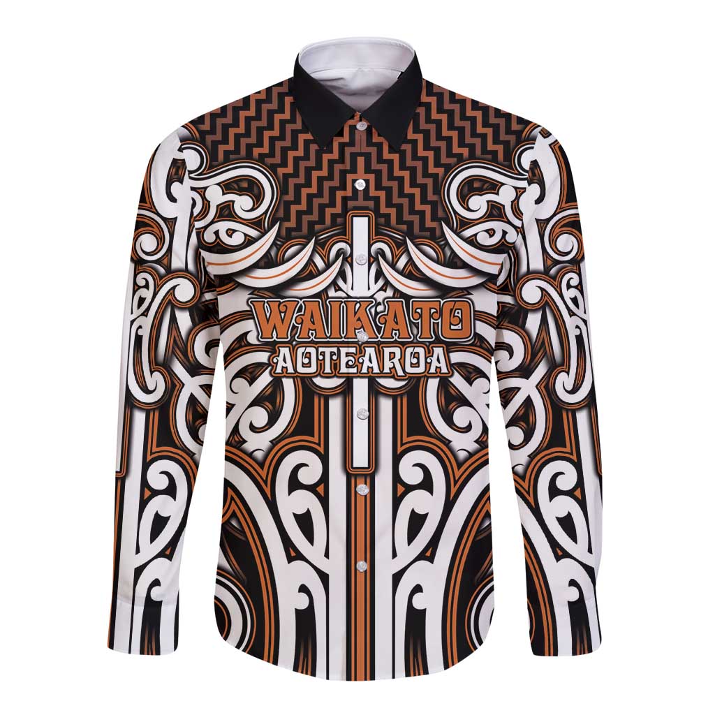 Custom Aotearoa Waikato Long Sleeve Button Shirt Maori Tribal Pattern Mix Poutama LT05 Unisex Orange - Polynesian Pride