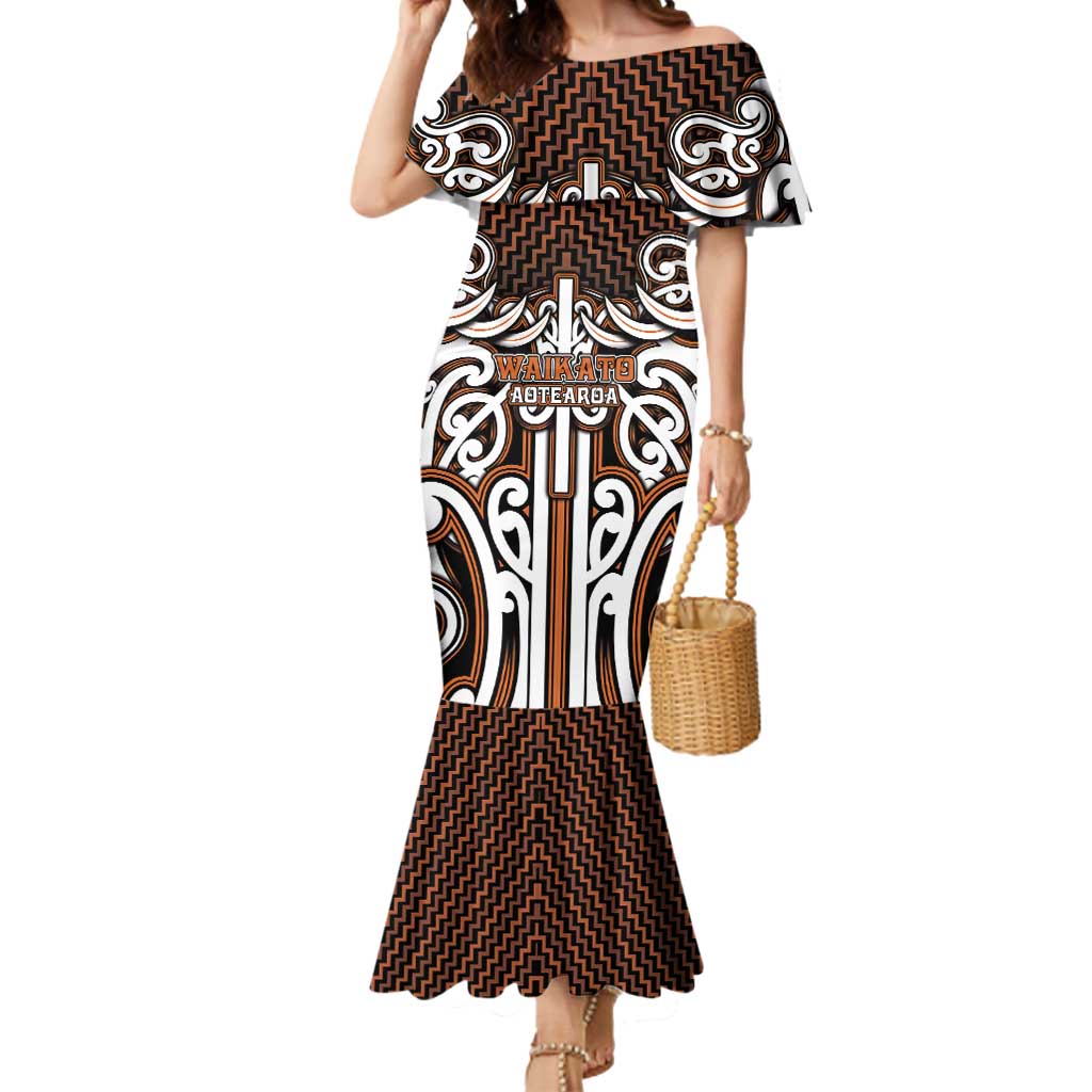 Custom Aotearoa Waikato Mermaid Dress Maori Tribal Pattern Mix Poutama LT05 Women Orange - Polynesian Pride