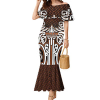 Custom Aotearoa Waikato Mermaid Dress Maori Tribal Pattern Mix Poutama LT05 Women Orange - Polynesian Pride