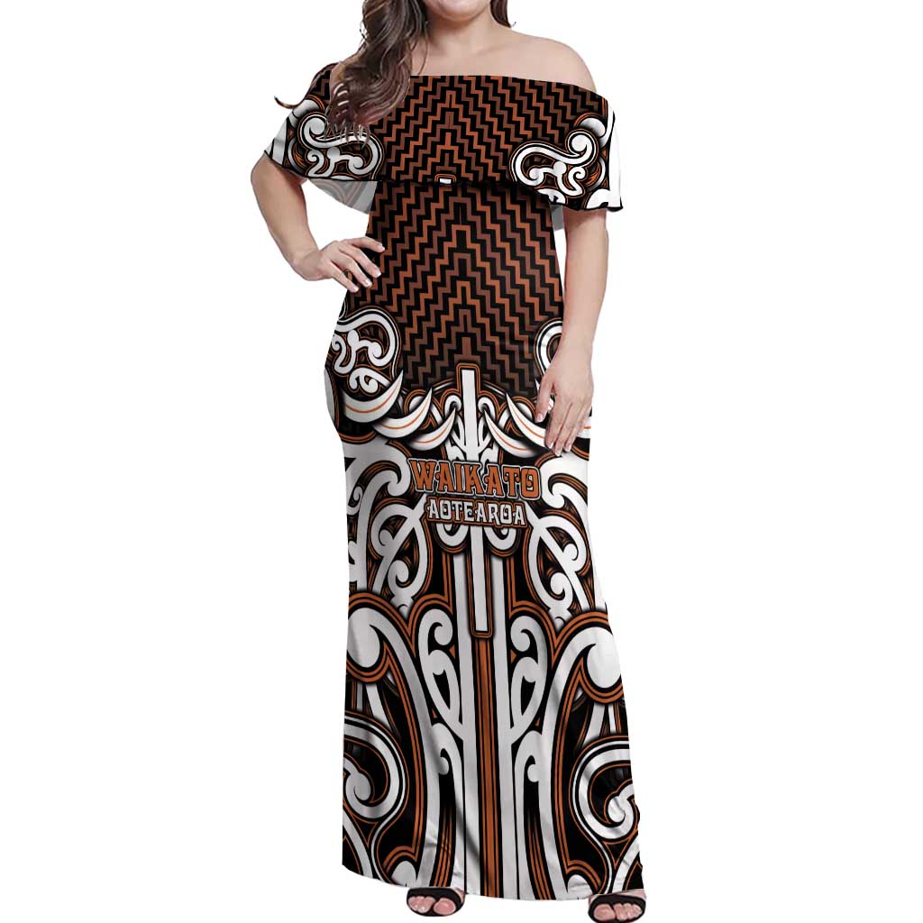 Custom Aotearoa Waikato Off Shoulder Maxi Dress Maori Tribal Pattern Mix Poutama LT05 Women Orange - Polynesian Pride