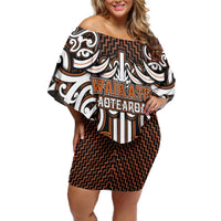 Custom Aotearoa Waikato Off Shoulder Short Dress Maori Tribal Pattern Mix Poutama LT05 Women Orange - Polynesian Pride