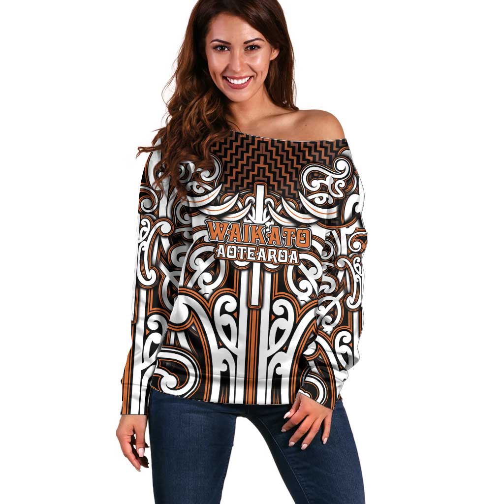 Custom Aotearoa Waikato Off Shoulder Sweater Maori Tribal Pattern Mix Poutama LT05 Women Orange - Polynesian Pride