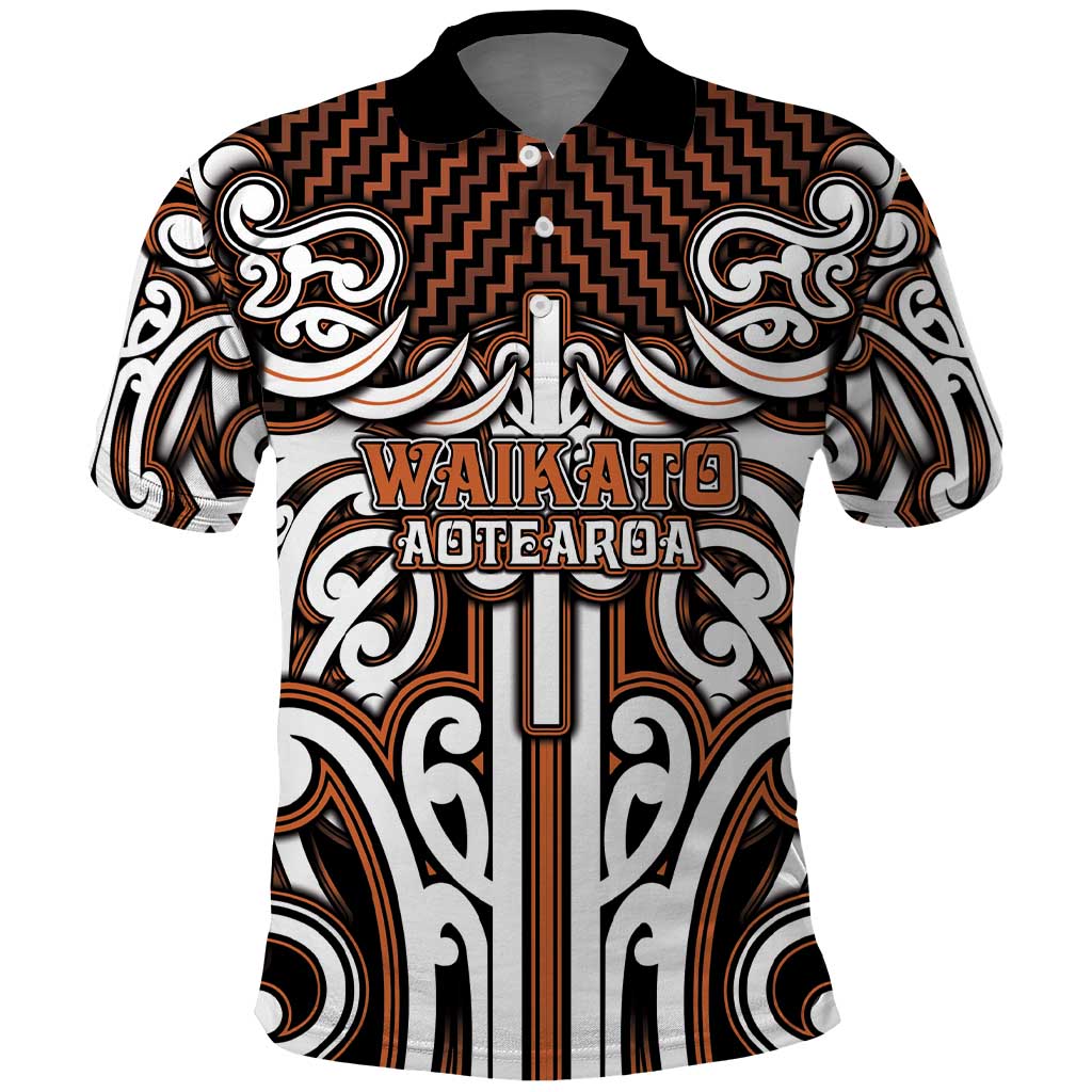 Custom Aotearoa Waikato Polo Shirt Maori Tribal Pattern Mix Poutama LT05 Orange - Polynesian Pride