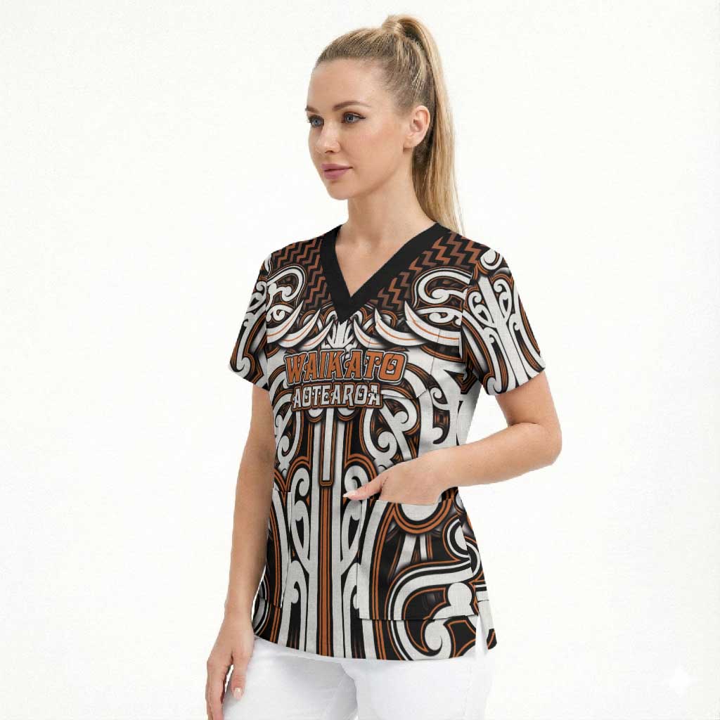 Custom Aotearoa Waikato Scrub Top Maori Tribal Pattern Mix Poutama LT05 - Polynesian Pride