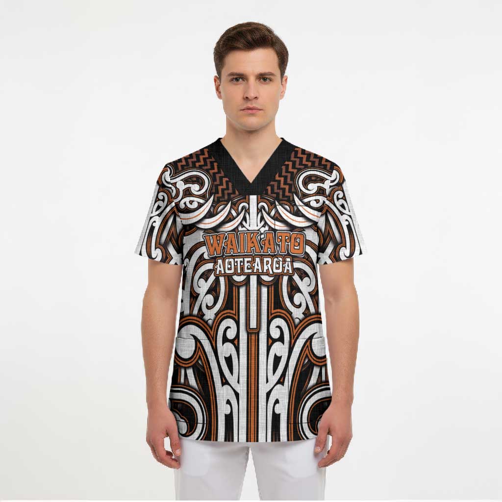 Custom Aotearoa Waikato Scrub Top Maori Tribal Pattern Mix Poutama LT05 - Polynesian Pride