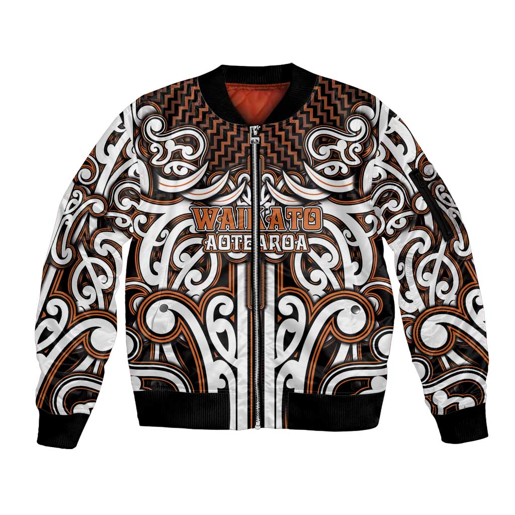 Custom Aotearoa Waikato Sleeve Zip Bomber Jacket Maori Tribal Pattern Mix Poutama LT05 Unisex Orange - Polynesian Pride