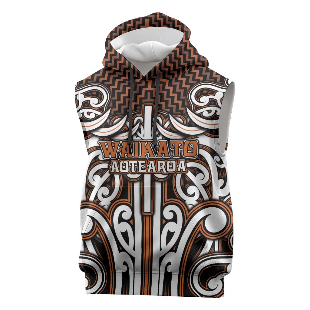 Custom Aotearoa Waikato Sleeveless Hoodie Maori Tribal Pattern Mix Poutama LT05 Orange - Polynesian Pride