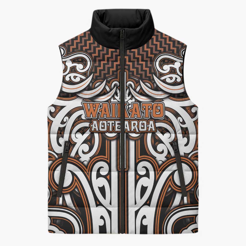 Custom Aotearoa Waikato Sleeveless Puffer Jacket Maori Tribal Pattern Mix Poutama LT05 Unisex Orange - Polynesian Pride