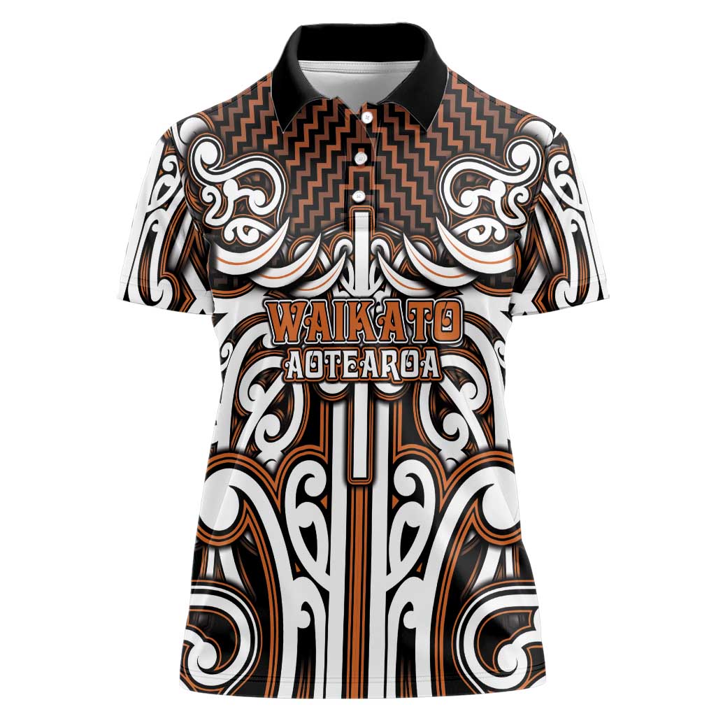 Custom Aotearoa Waikato Women Polo Shirt Maori Tribal Pattern Mix Poutama LT05 Female Orange - Polynesian Pride