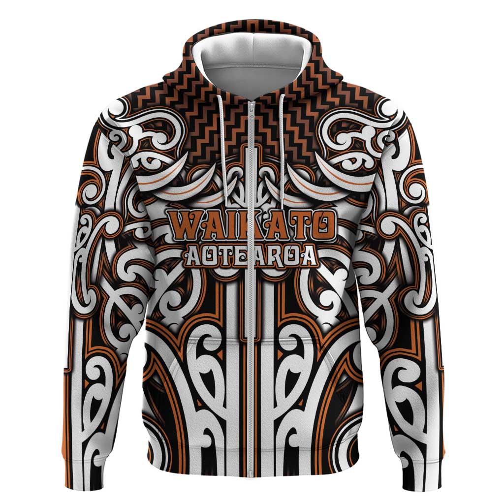 Custom Aotearoa Waikato Zip Hoodie Maori Tribal Pattern Mix Poutama LT05 Zip Hoodie Orange - Polynesian Pride