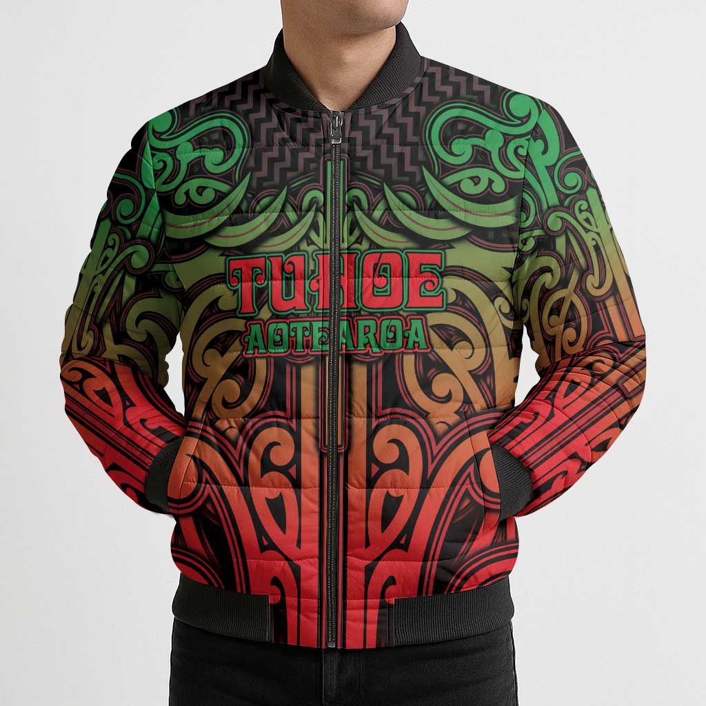 Custom Aotearoa Tuhoe Bomber Puffer Jacket Maori Tribal Pattern Mix Poutama