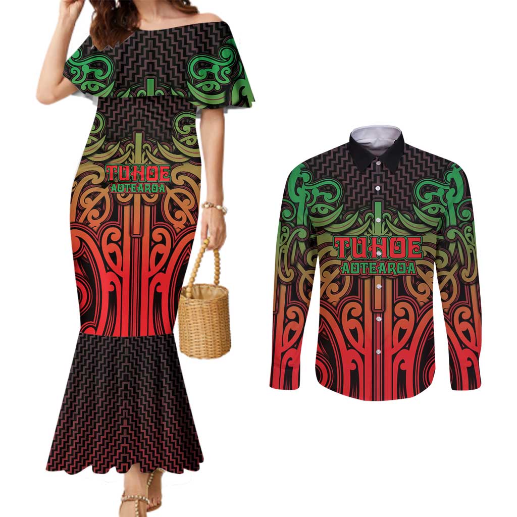 Custom Aotearoa Tuhoe Couples Matching Mermaid Dress and Long Sleeve Button Shirt Maori Tribal Pattern Mix Poutama