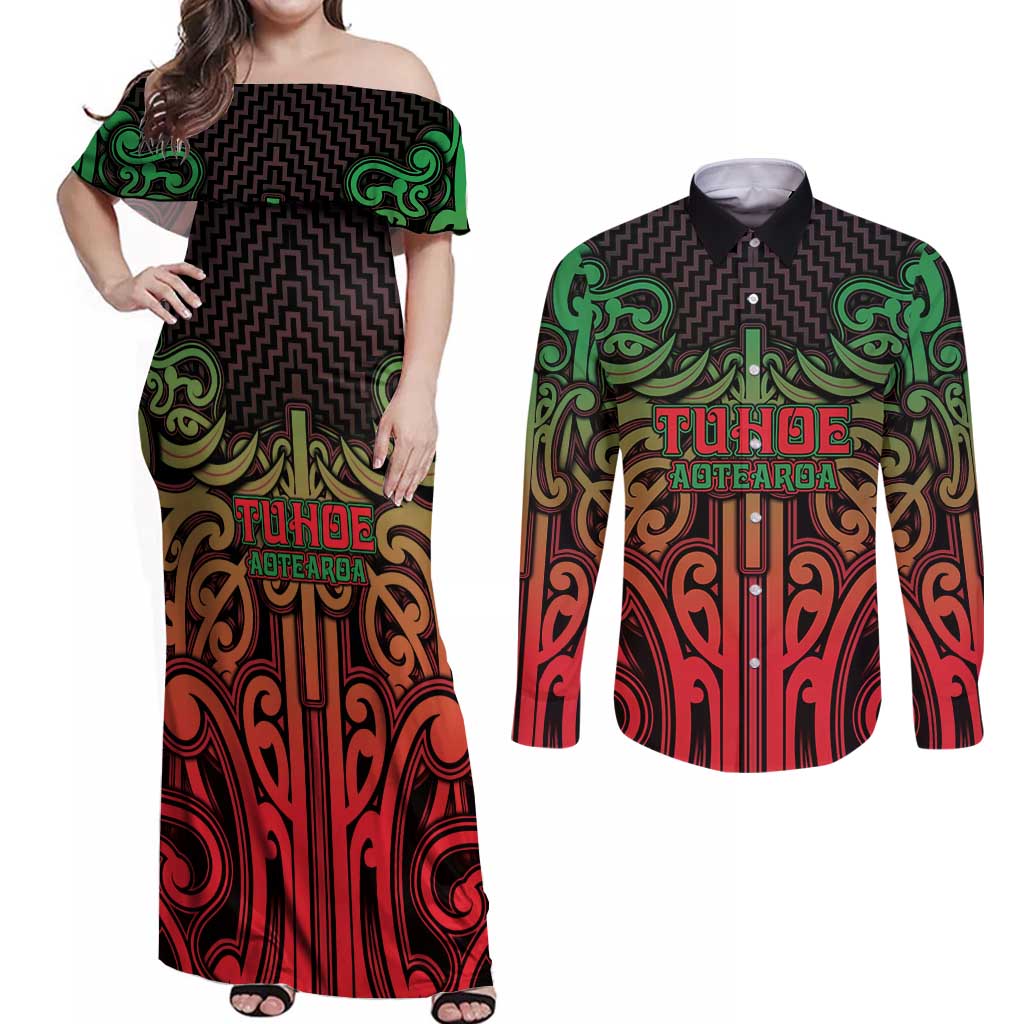 Custom Aotearoa Tuhoe Couples Matching Off Shoulder Maxi Dress and Long Sleeve Button Shirt Maori Tribal Pattern Mix Poutama LT05 Black - Polynesian Pride