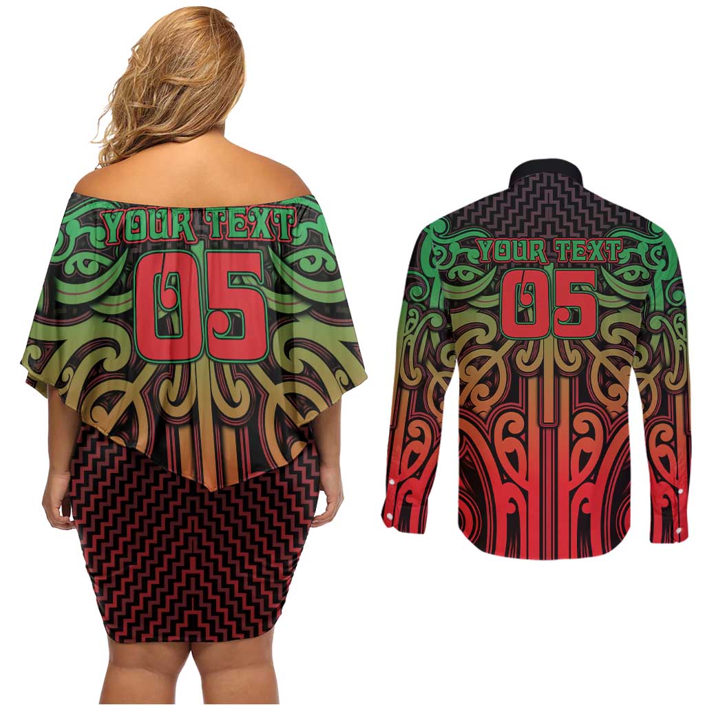 Custom Aotearoa Tuhoe Couples Matching Off Shoulder Short Dress and Long Sleeve Button Shirt Maori Tribal Pattern Mix Poutama LT05 - Polynesian Pride