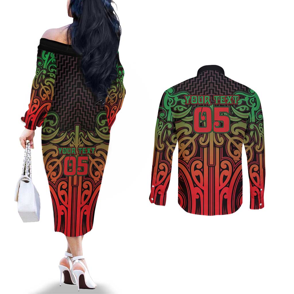 Custom Aotearoa Tuhoe Couples Matching Off The Shoulder Long Sleeve Dress and Long Sleeve Button Shirt Maori Tribal Pattern Mix Poutama
