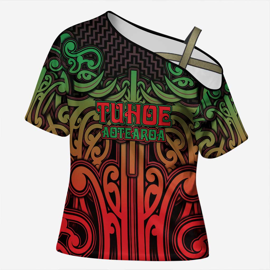 Custom Aotearoa Tuhoe Cross Shoulder Shirt Maori Tribal Pattern Mix Poutama LT05 Female Black - Polynesian Pride