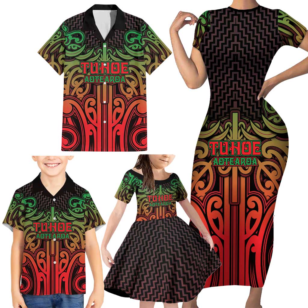 Custom Aotearoa Tuhoe Family Matching Short Sleeve Bodycon Dress and Hawaiian Shirt Maori Tribal Pattern Mix Poutama