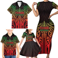 Custom Aotearoa Tuhoe Family Matching Short Sleeve Bodycon Dress and Hawaiian Shirt Maori Tribal Pattern Mix Poutama