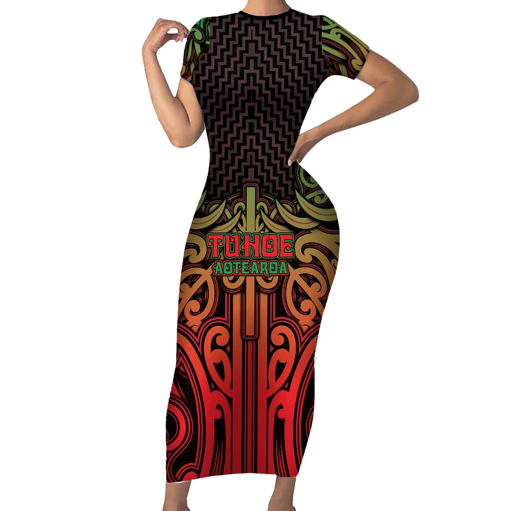 Custom Aotearoa Tuhoe Family Matching Short Sleeve Bodycon Dress and Hawaiian Shirt Maori Tribal Pattern Mix Poutama