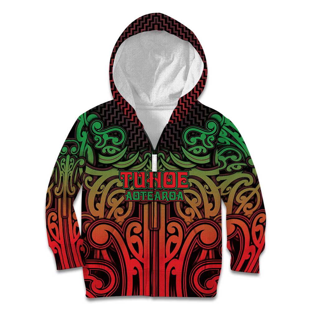 Custom Aotearoa Tuhoe Kid Hoodie Maori Tribal Pattern Mix Poutama LT05 Zip Hoodie Black - Polynesian Pride