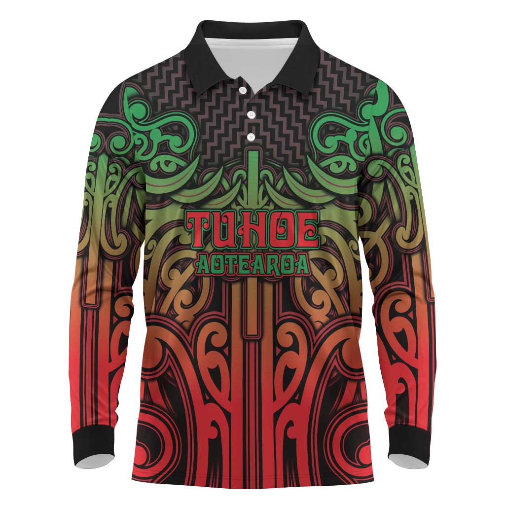 Custom Aotearoa Tuhoe Long Sleeve Polo Shirt Maori Tribal Pattern Mix Poutama LT05 Black - Polynesian Pride
