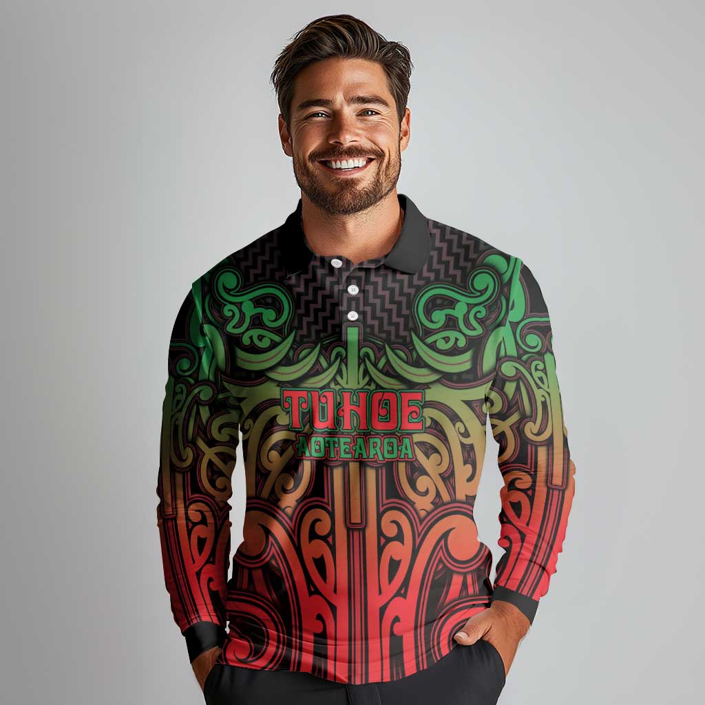 Custom Aotearoa Tuhoe Long Sleeve Polo Shirt Maori Tribal Pattern Mix Poutama LT05 - Polynesian Pride