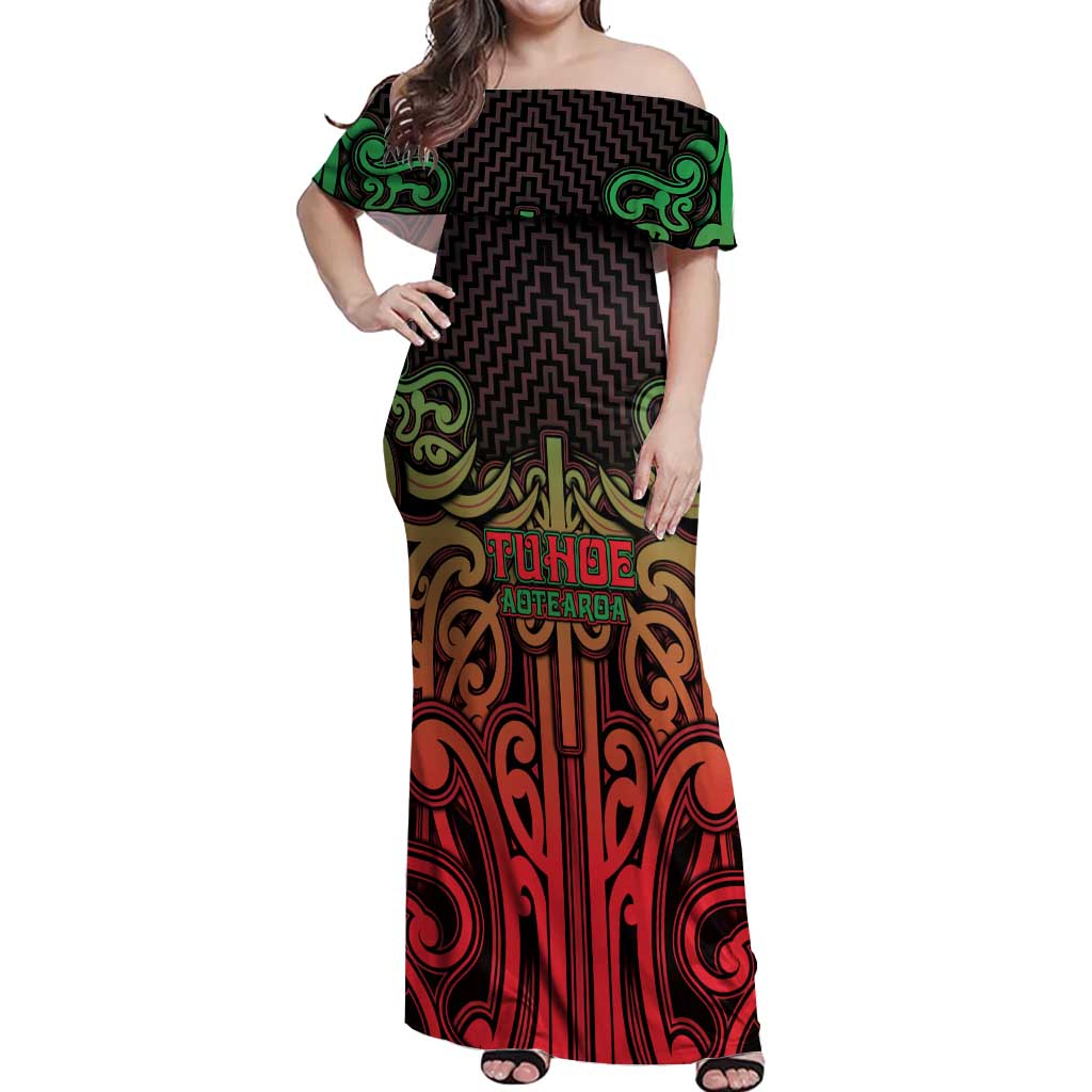Custom Aotearoa Tuhoe Off Shoulder Maxi Dress Maori Tribal Pattern Mix Poutama LT05 Women Black - Polynesian Pride