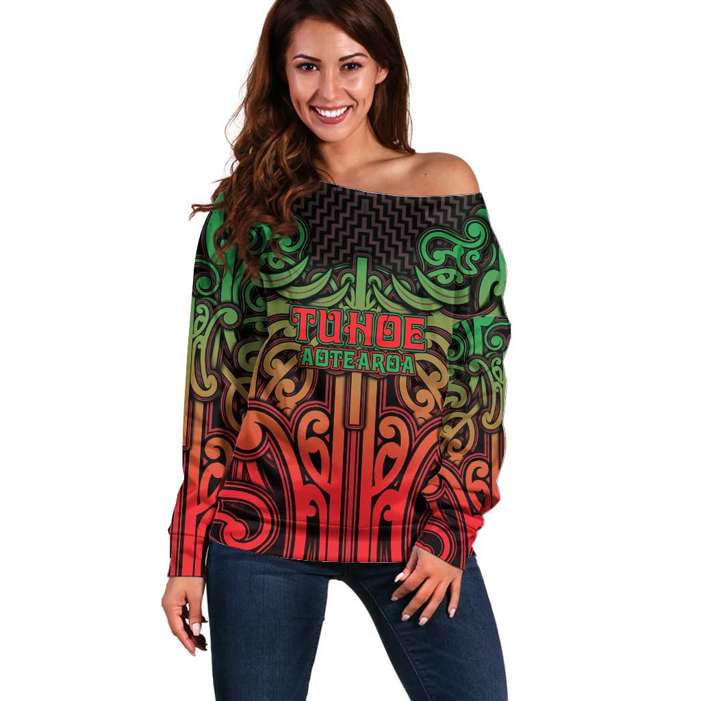 Custom Aotearoa Tuhoe Off Shoulder Sweater Maori Tribal Pattern Mix Poutama