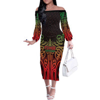 Custom Aotearoa Tuhoe Off The Shoulder Long Sleeve Dress Maori Tribal Pattern Mix Poutama LT05 Women Black - Polynesian Pride