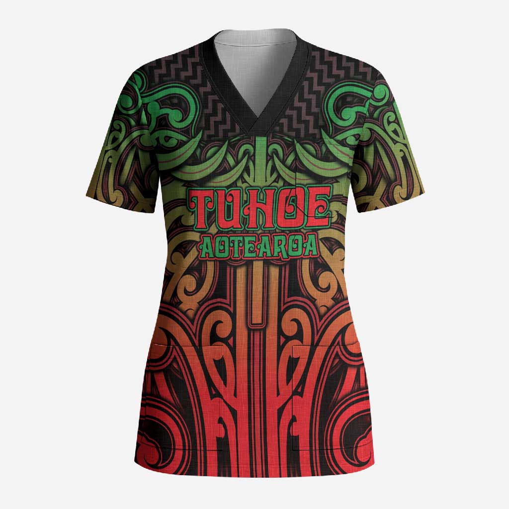 Custom Aotearoa Tuhoe Scrub Top Maori Tribal Pattern Mix Poutama LT05 Adult Black - Polynesian Pride