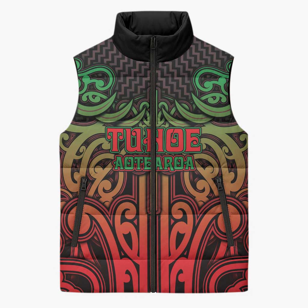 Custom Aotearoa Tuhoe Sleeveless Puffer Jacket Maori Tribal Pattern Mix Poutama LT05 Unisex Black - Polynesian Pride